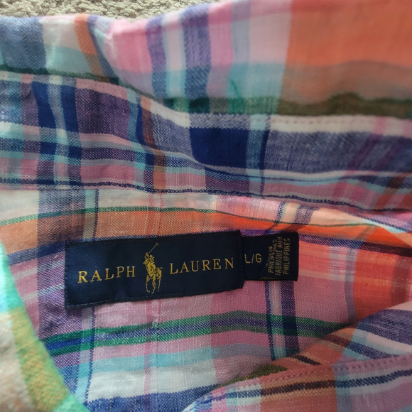 Ralph Lauren Mens L Linen Madras Plaid Short Sleeve Button Down Shirt - Picture 7 of 9